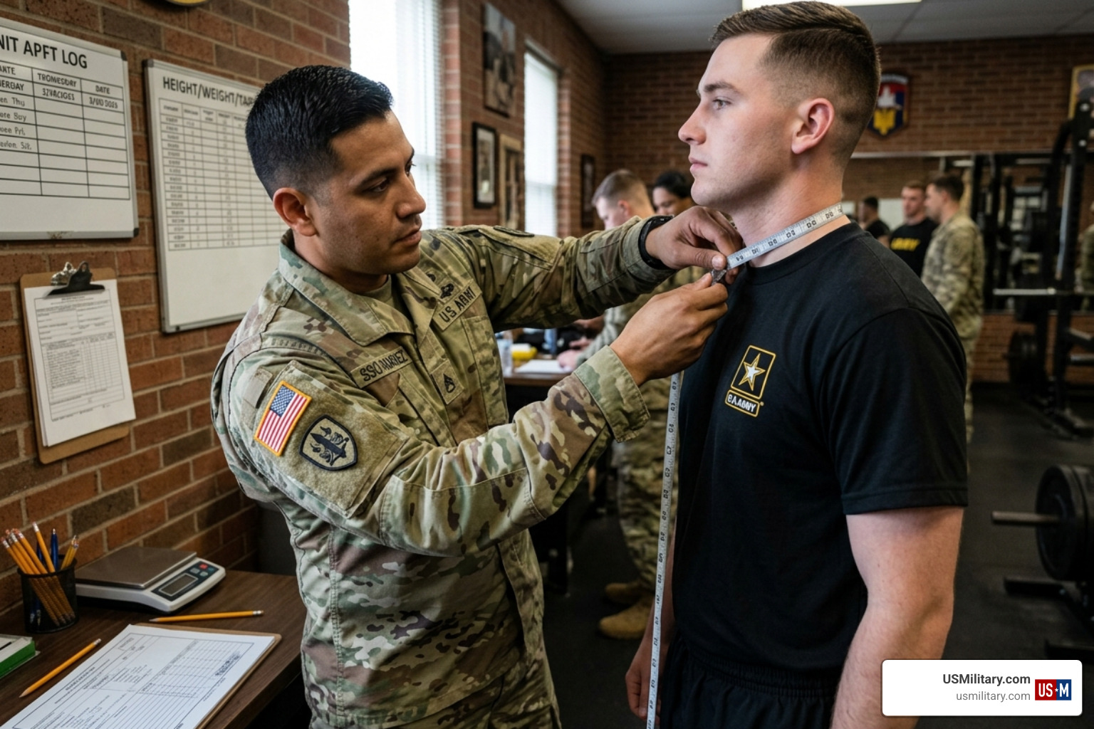 Army NCO performing a circumference tape test measurement on a soldier - army standard for height and weight