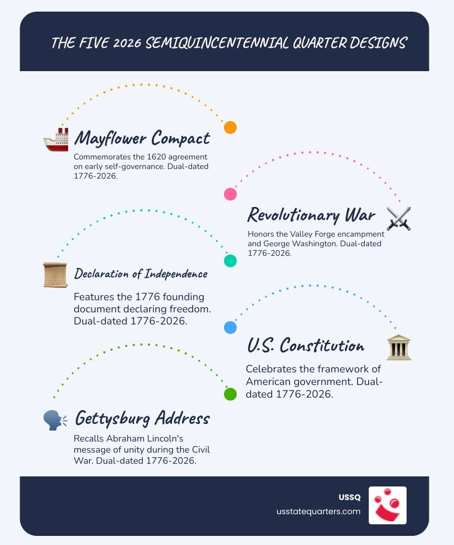 Infographic showing the 2026 Semiquincentennial quarter release cycle, five designs, dual dates, and mint facilities - 2026 Infographic showing the 2026 Semiquincentennial quarter release cycle, five designs, dual dates, and mint facilities - 2026
