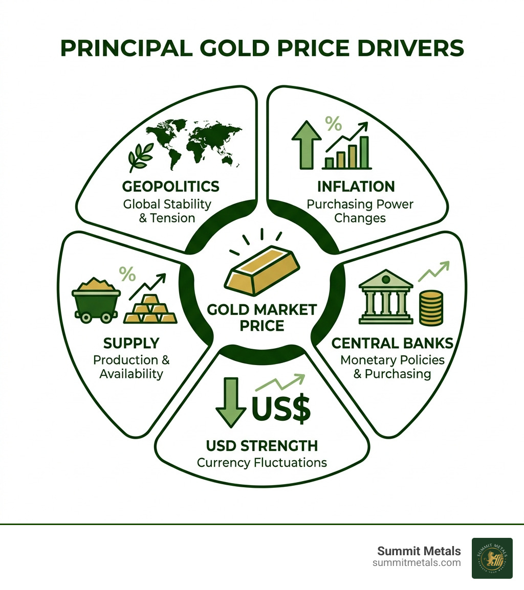 Gold price drivers infographic: geopolitics, inflation, central banks, USD strength, supply - today's gold market