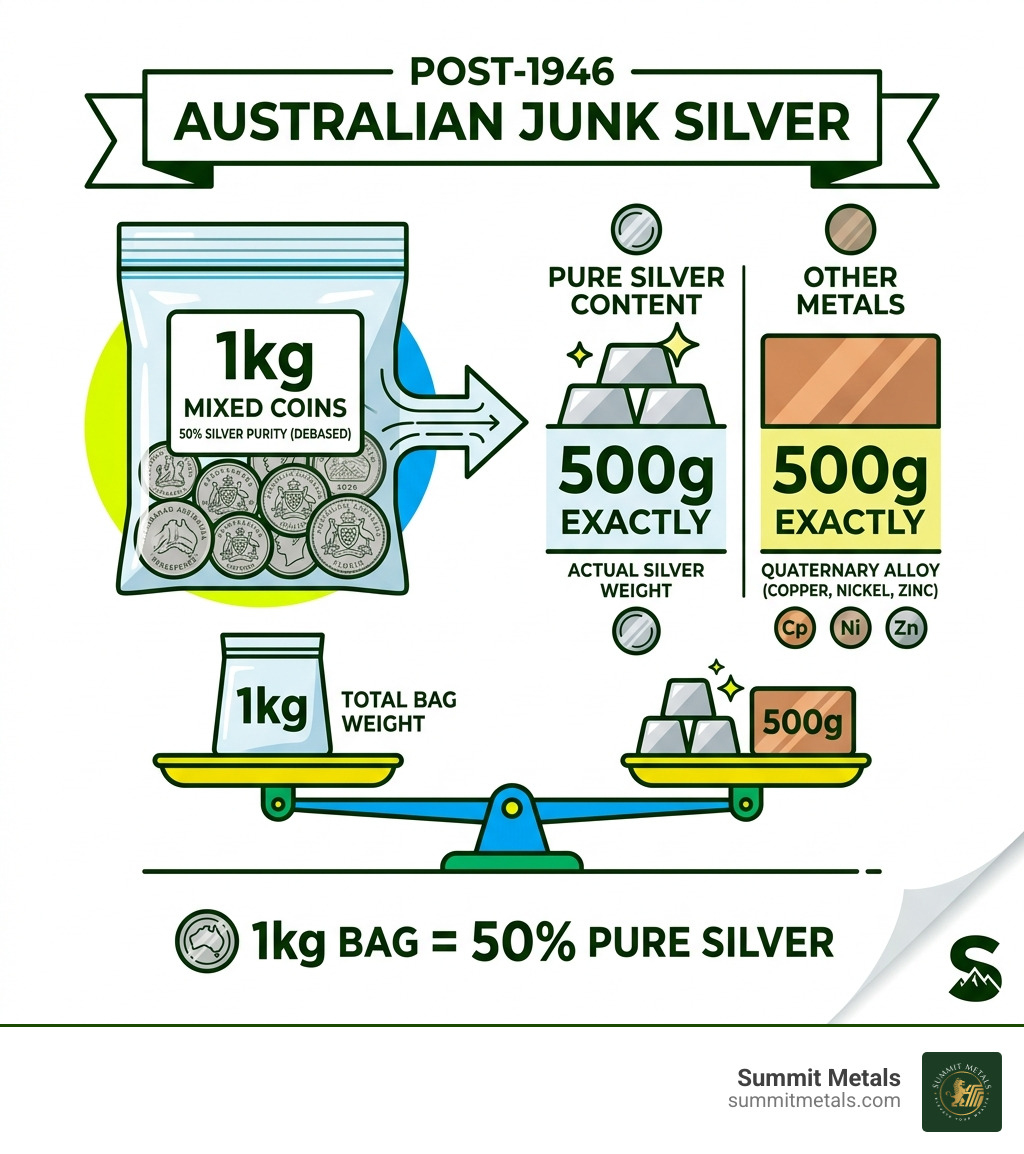 Infographic showing that a 1kg bag of post-1946 silver coins contains exactly 500g of pure silver - australian junk silver