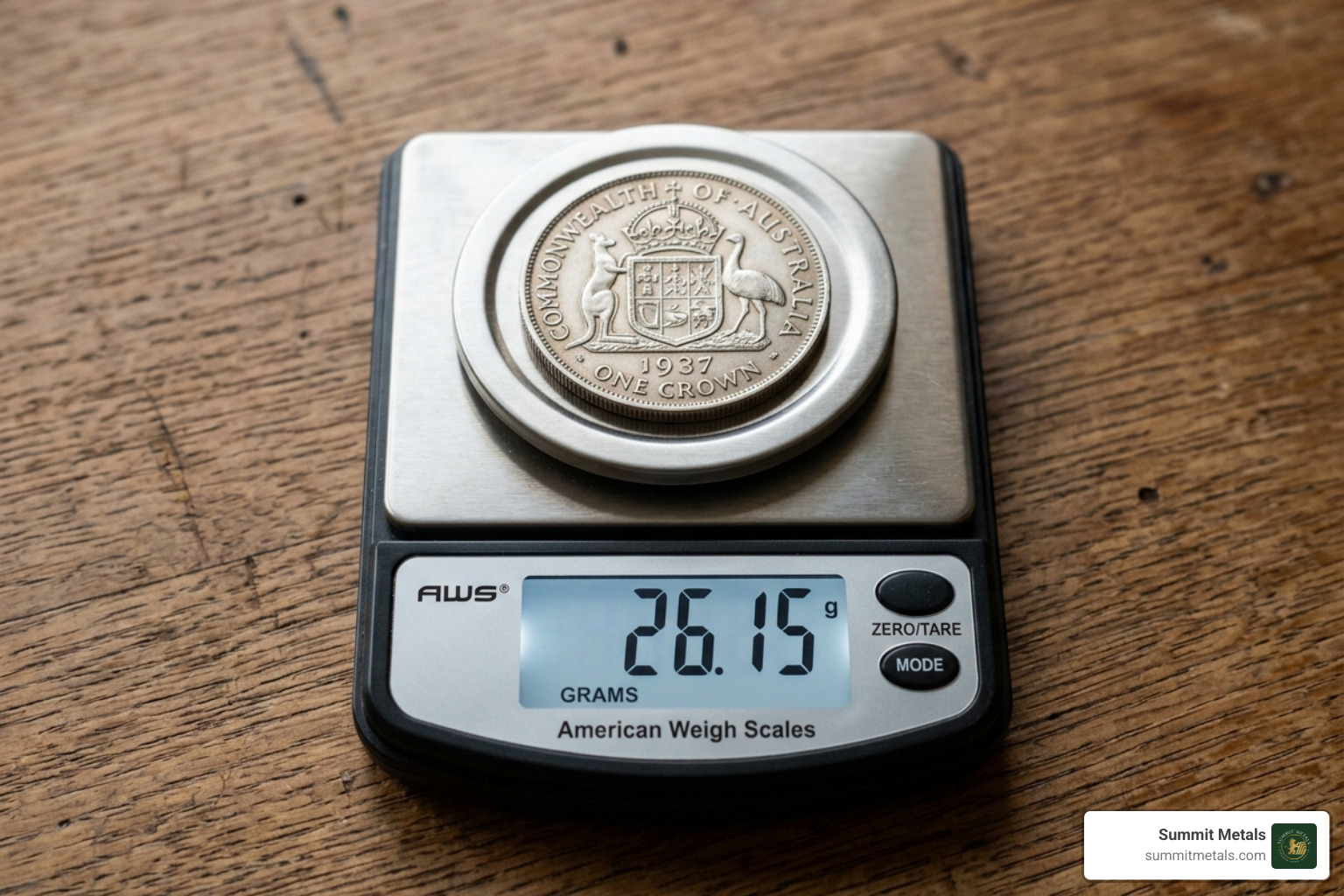 digital scale weighing a 1937 Australian Crown coin showing 26.15g - australian junk silver
