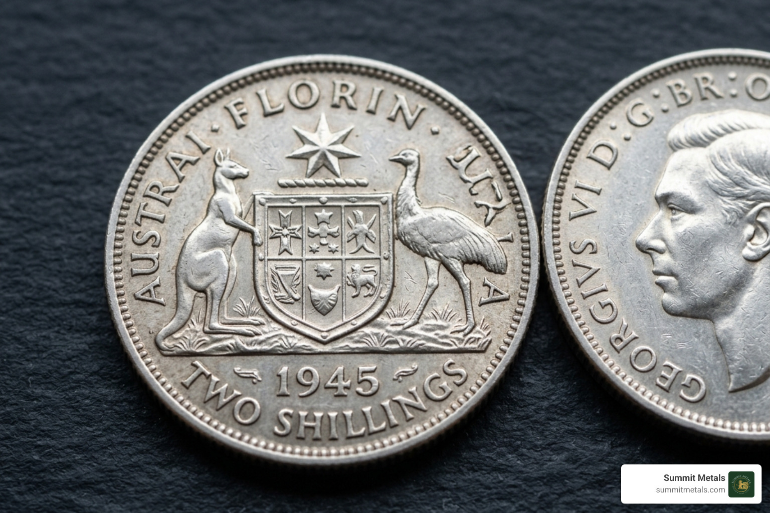 1945 silver florin showing the coat of arms and high silver luster - australian junk silver