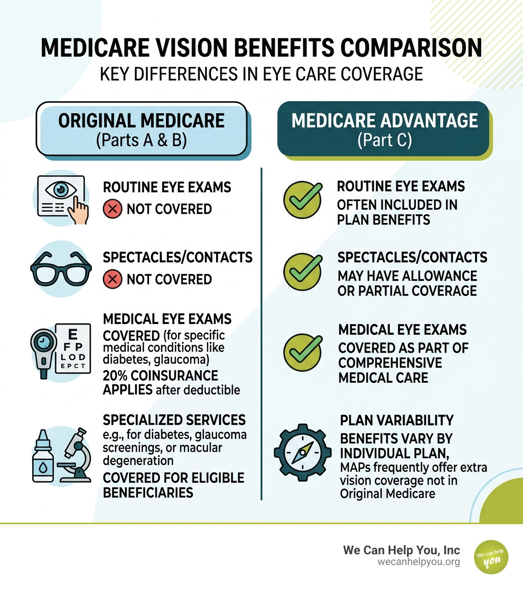Original Medicare vs Medicare Advantage vision benefits comparison infographic - Medicare eye exams infographic 