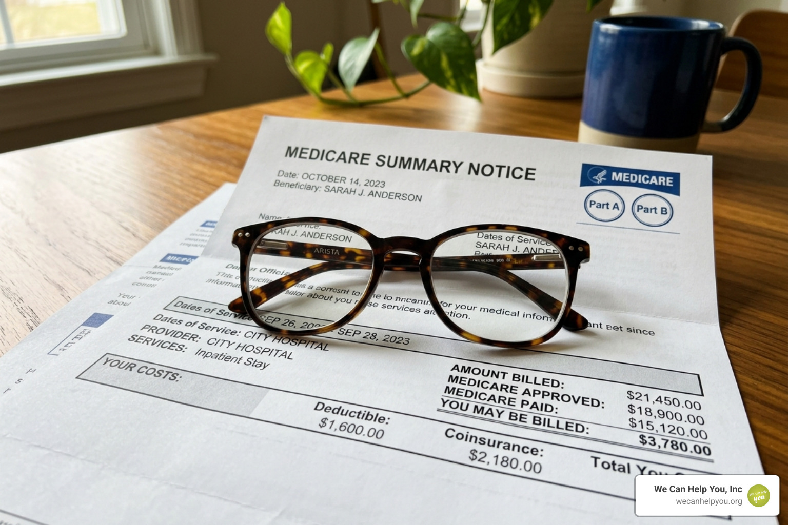 Prescription eyeglasses resting on a Medicare summary notice - Medicare eye exams