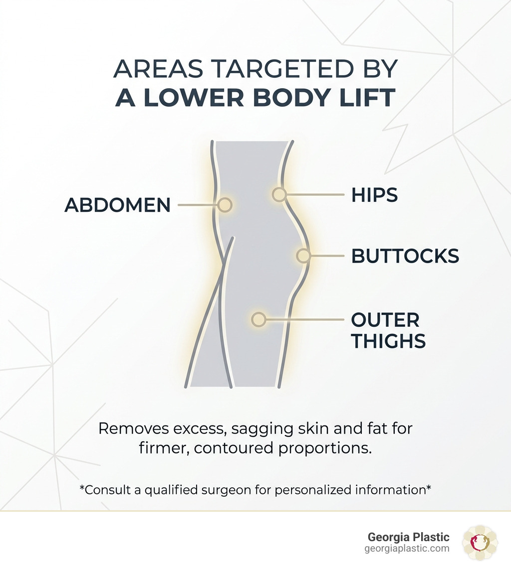 Infographic showing areas targeted by a lower body lift: abdomen, hips, buttocks, outer thighs - lower body lift atlanta