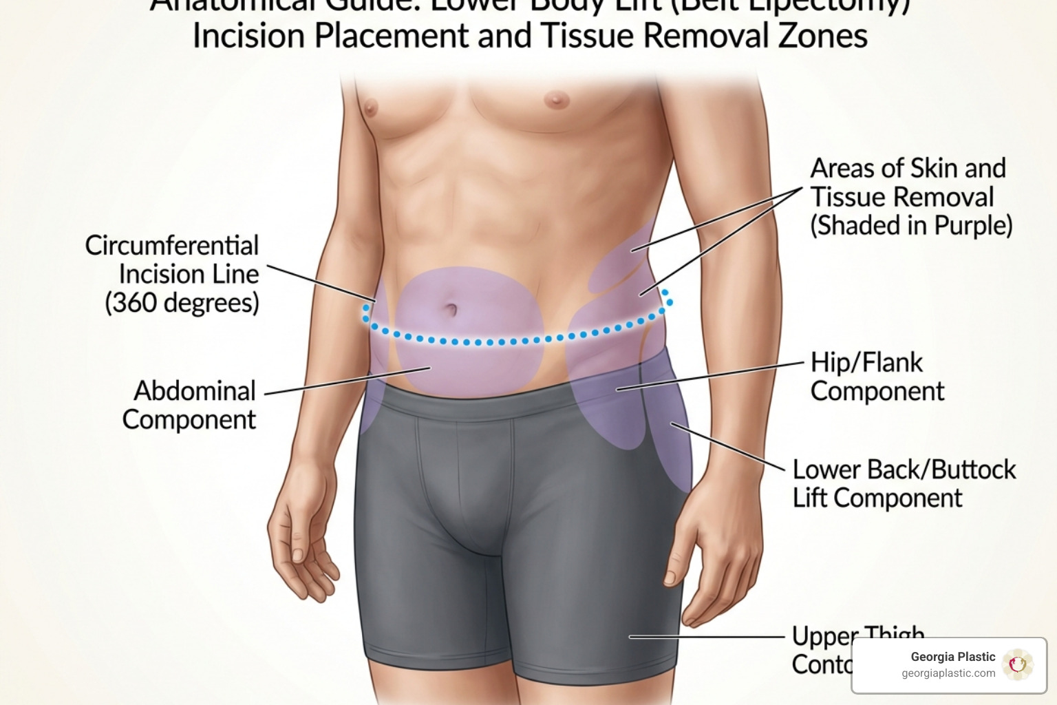Illustration of the circumferential incision line for a belt lipectomy - lower body lift atlanta