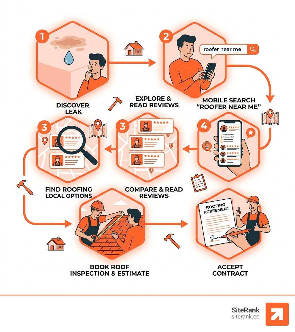 Roofing customer journey from leak discovery to booked contract infographic - local seo roofing contractors infographic Roofing customer journey from leak discovery to booked contract infographic - local seo roofing contractors infographic