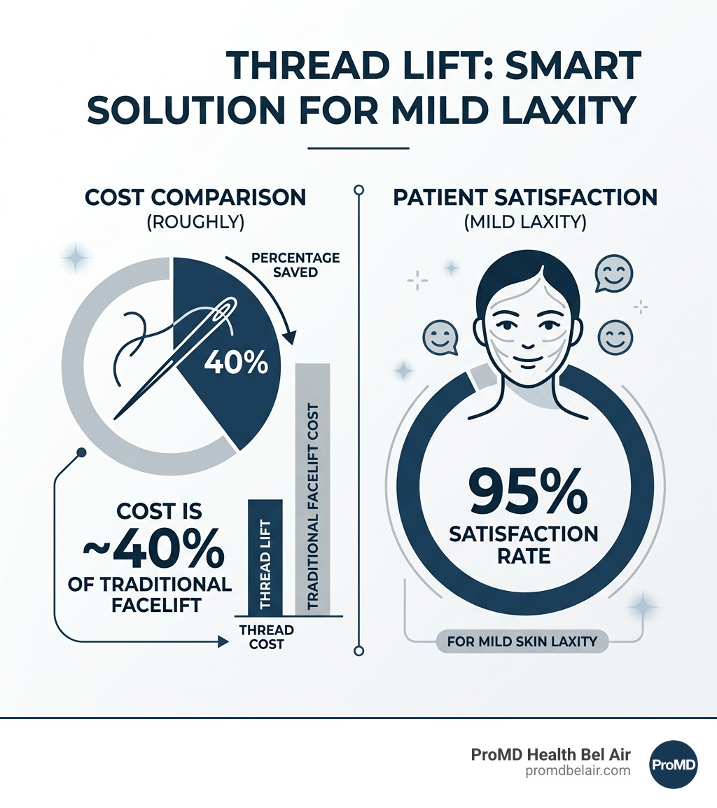 Infographic showing that thread lifts cost roughly 40% of a traditional facelift and have a 95% satisfaction rate for mild Infographic showing that thread lifts cost roughly 40% of a traditional facelift and have a 95% satisfaction rate for mild