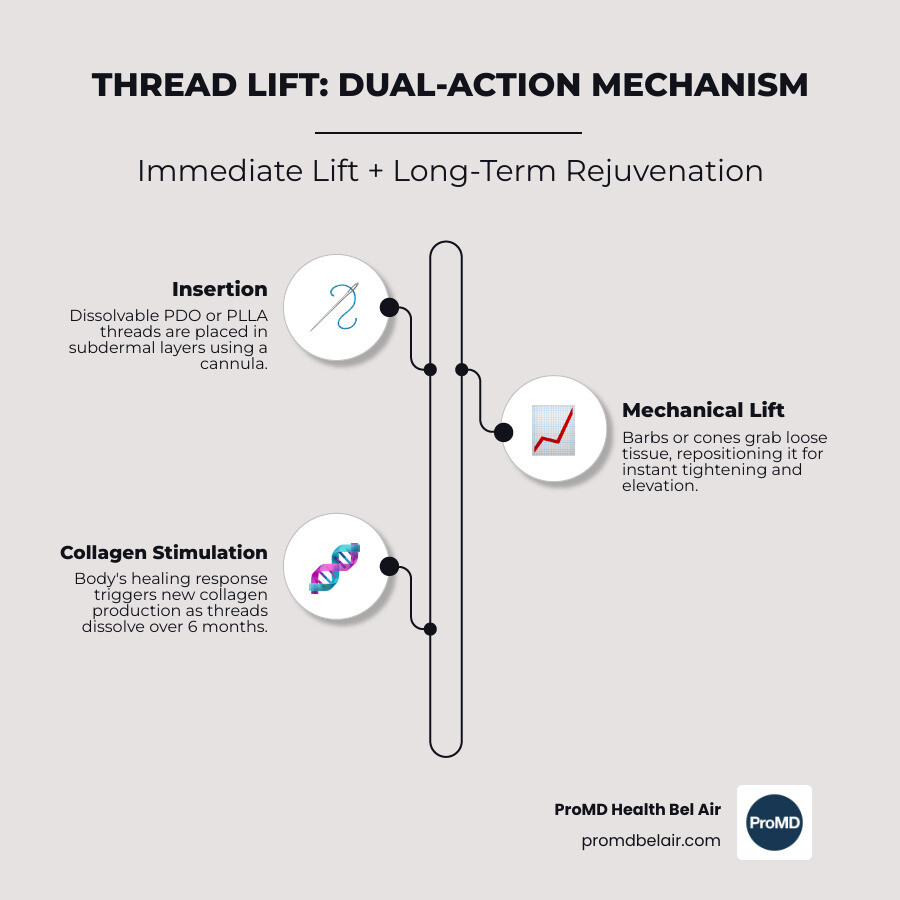 Infographic showing dual-action thread lift mechanism: immediate mechanical lift plus long-term collagen stimulation Infographic showing dual-action thread lift mechanism: immediate mechanical lift plus long-term collagen stimulation