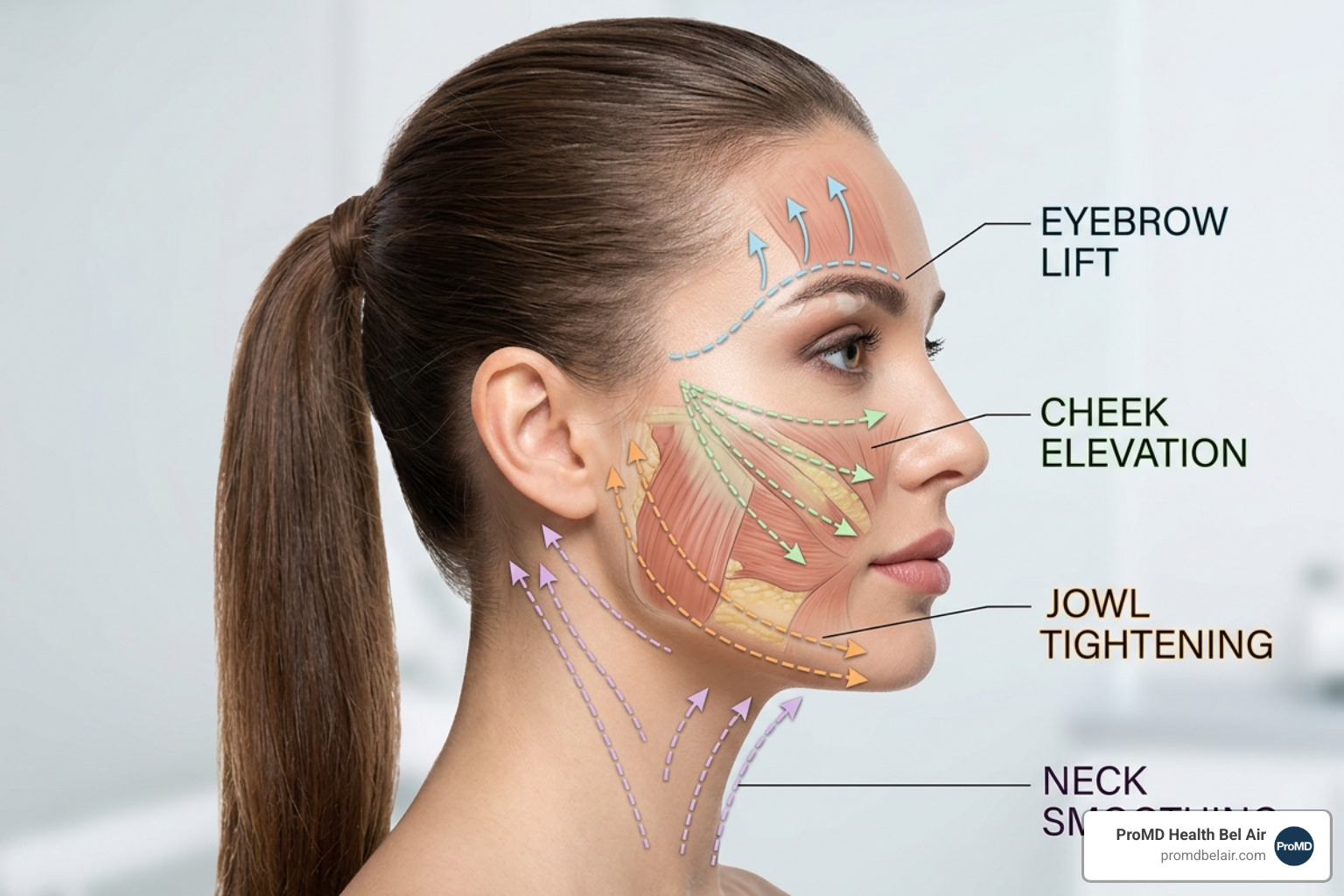 Diagram showing common thread placement areas: eyebrow lift, cheek elevation, jowl tightening, and neck smoothing - thread Diagram showing common thread placement areas: eyebrow lift, cheek elevation, jowl tightening, and neck smoothing - thread