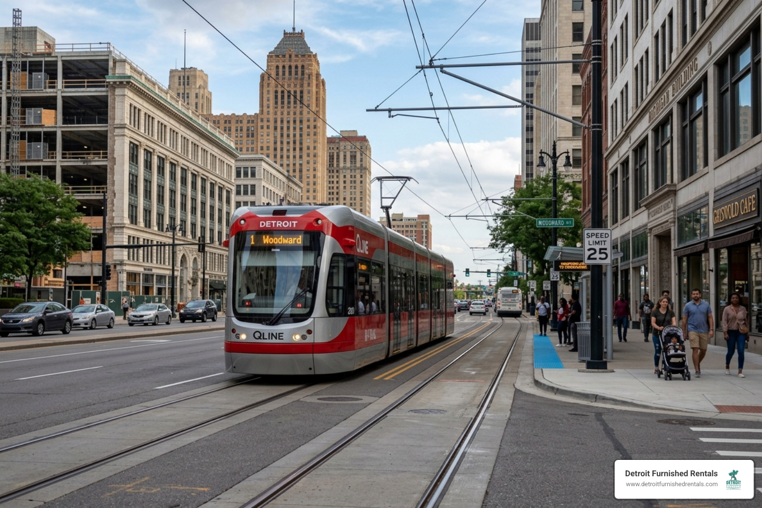 The Q-Line streetcar traveling along Woodward Avenue in Detroit - short term apartments utilities included Detroit The Q-Line streetcar traveling along Woodward Avenue in Detroit - short term apartments utilities included Detroit