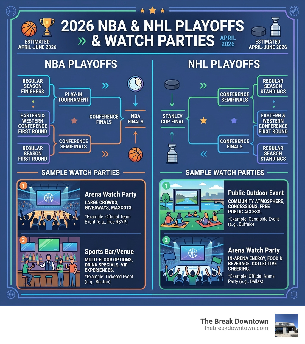 2026 NBA and NHL Playoff bracket structures with watch party event types explained - Playoff watch party infographic 