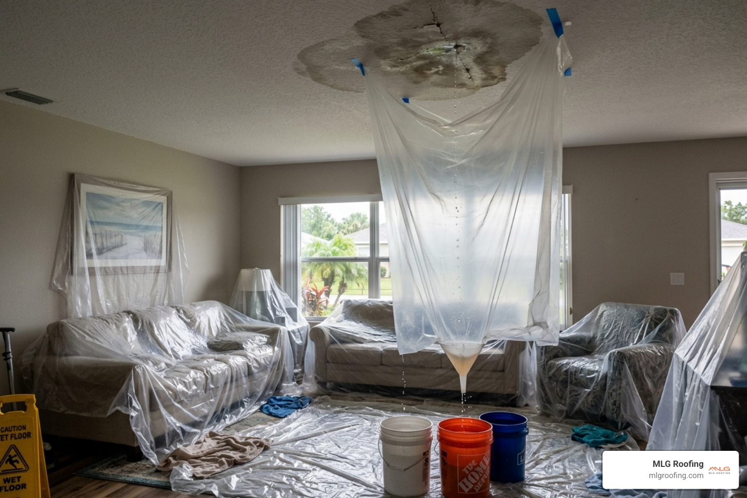 interior water containment in a Viera, FL home - leaking roof emergency repair