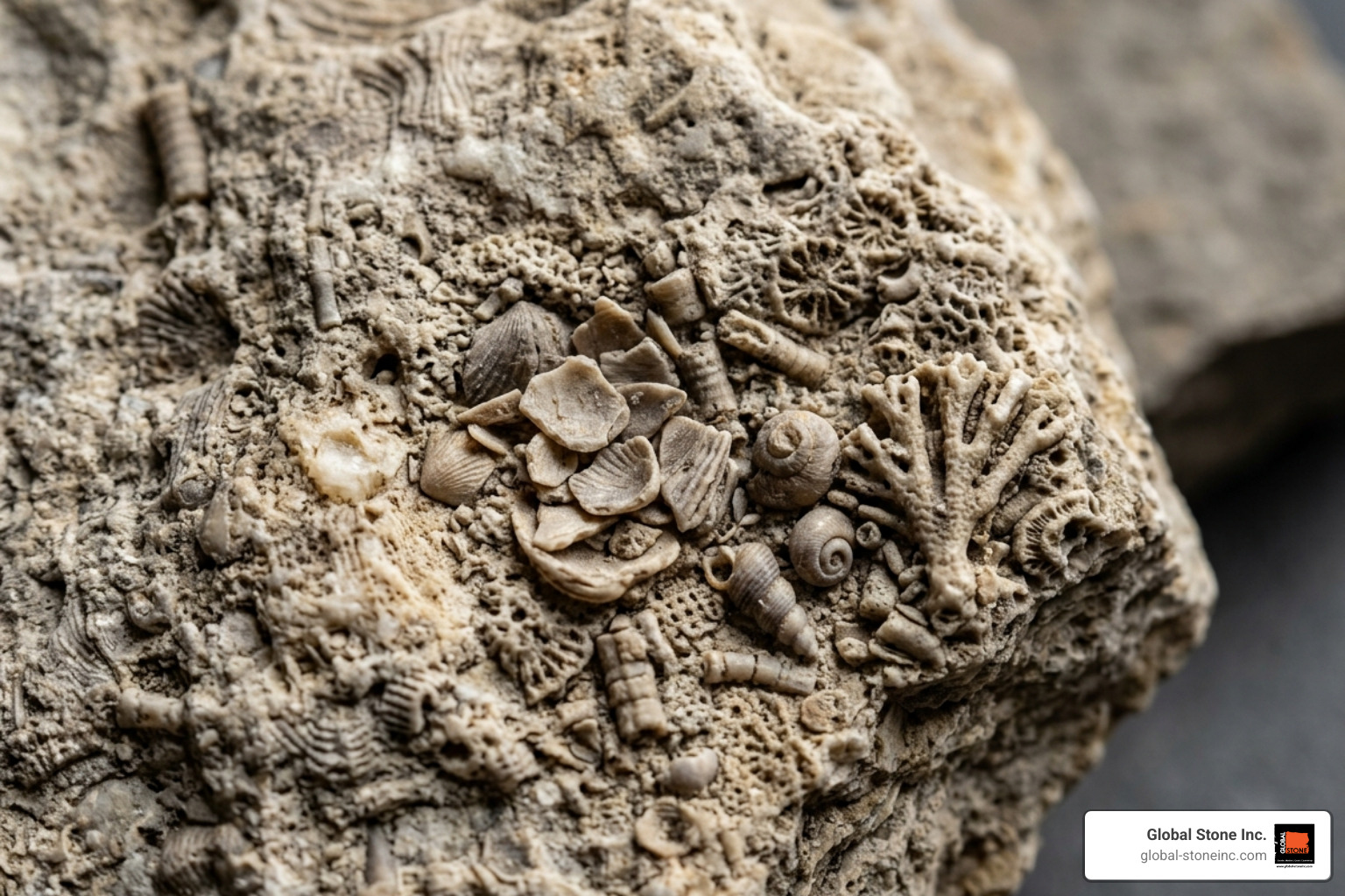 Raw limestone slab showing intricate fossil details - limestone countertops