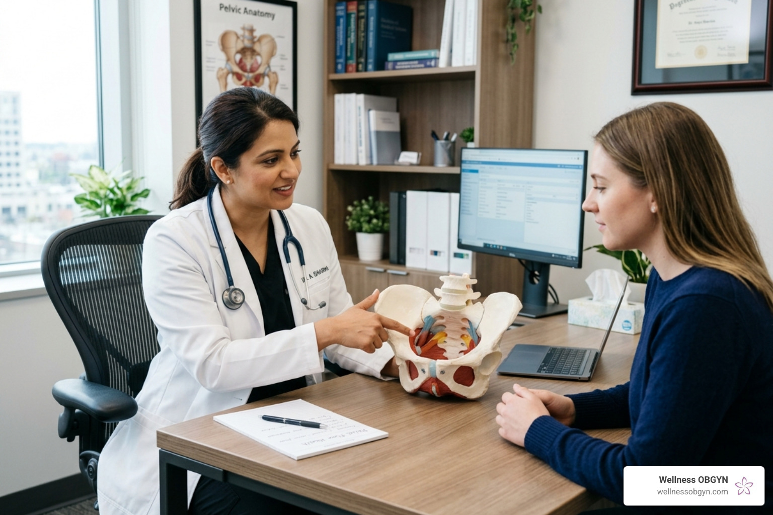Doctor explaining pelvic model - Pelvic pain specialist