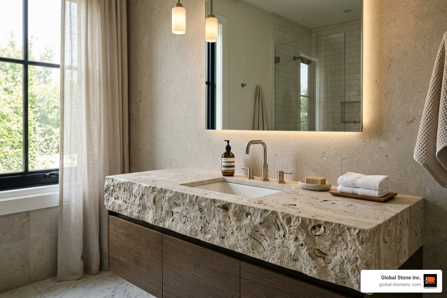 Modern bathroom with a limestone vanity and soft lighting - limestone countertops