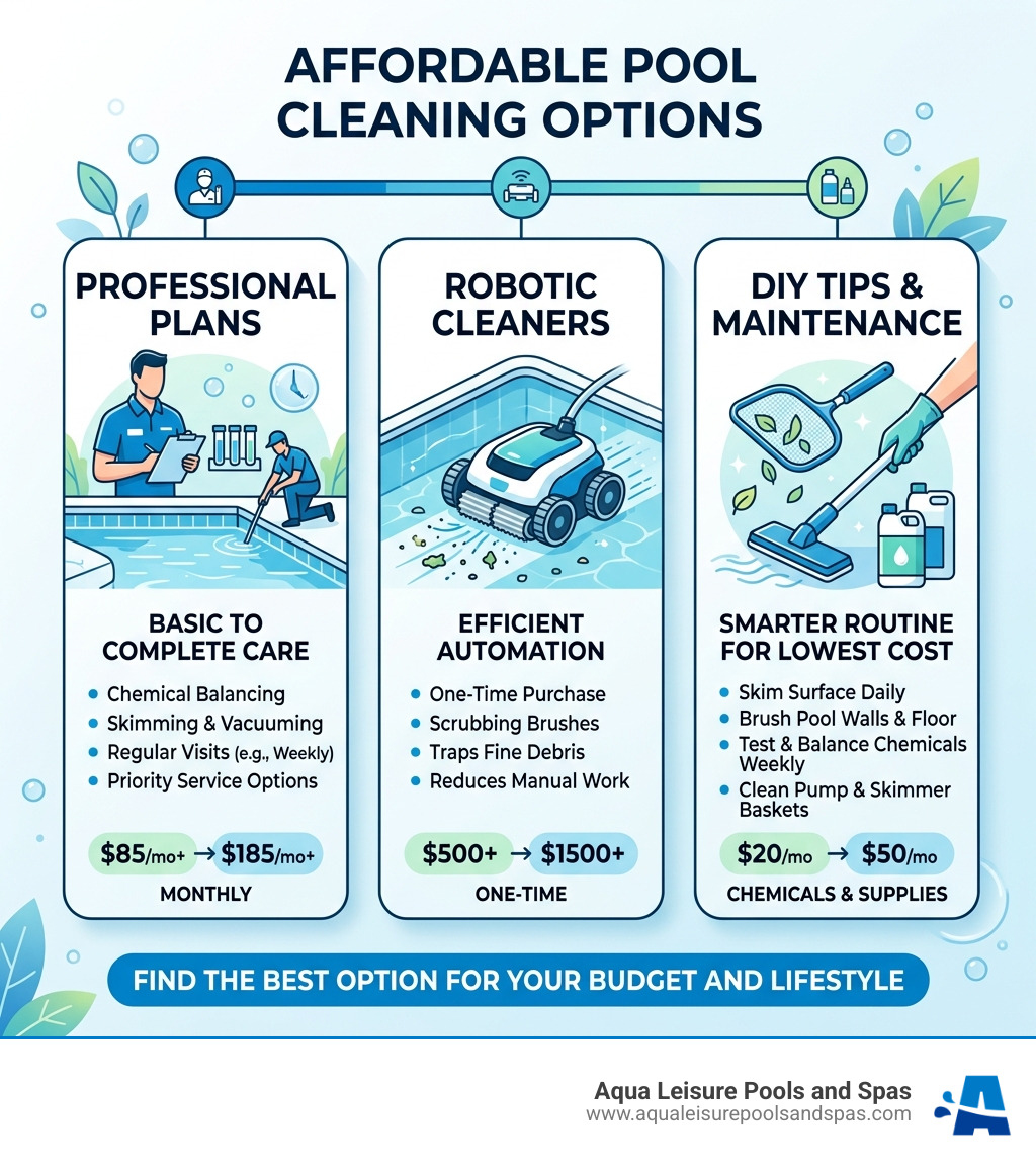 Infographic showing affordable pool cleaning options: professional plans, robotic cleaners, and DIY tips - affordable pool