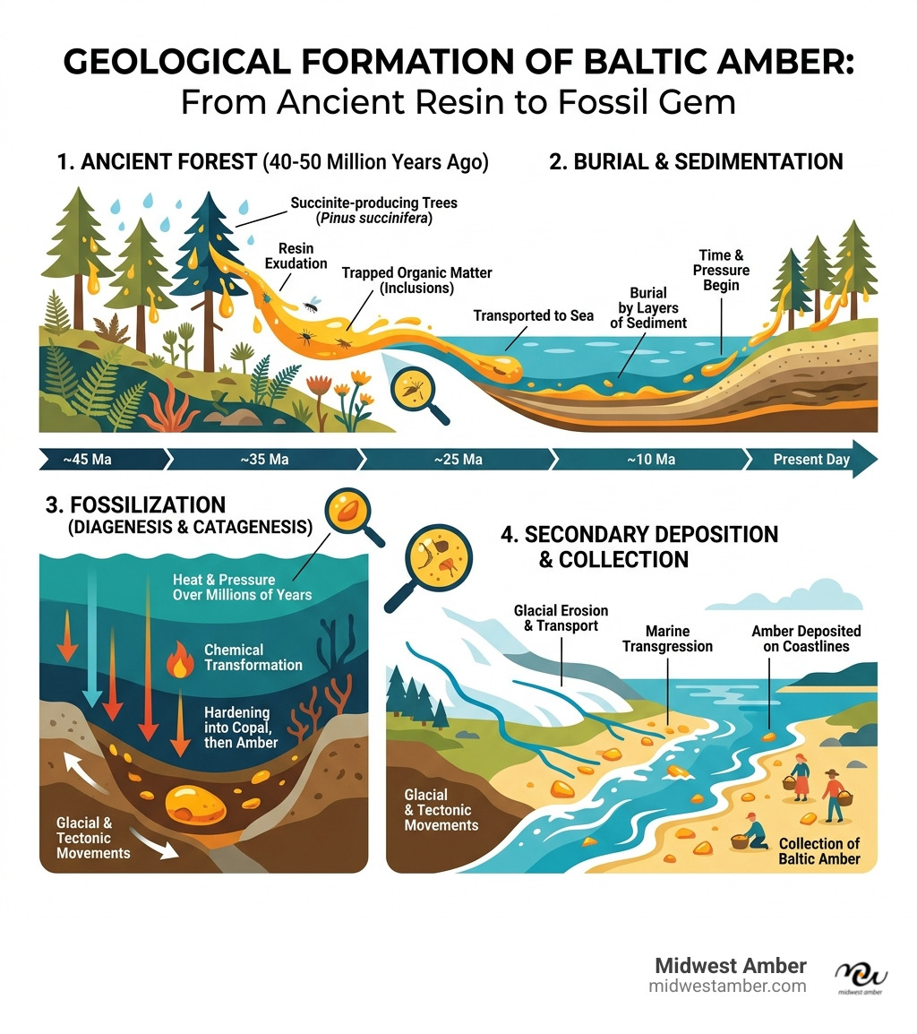 Geological formation of Baltic Amber from ancient tree resin - amber silver brooch infographic 