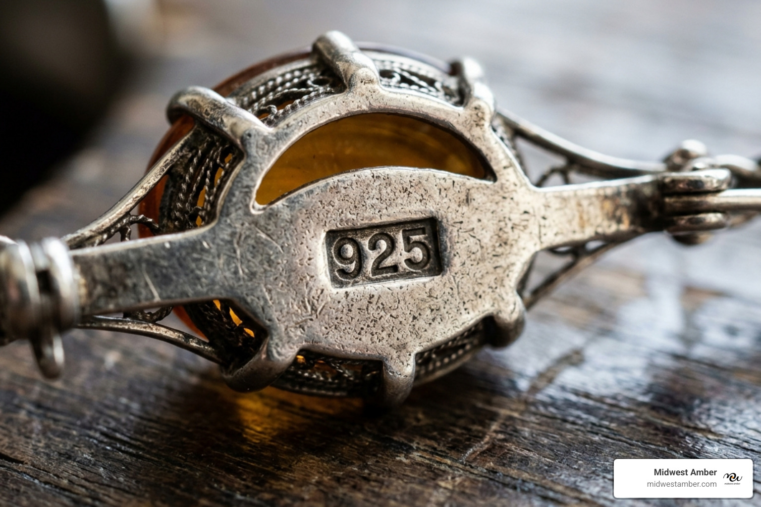 925 hallmark stamp on a silver jewelry setting - amber silver brooch