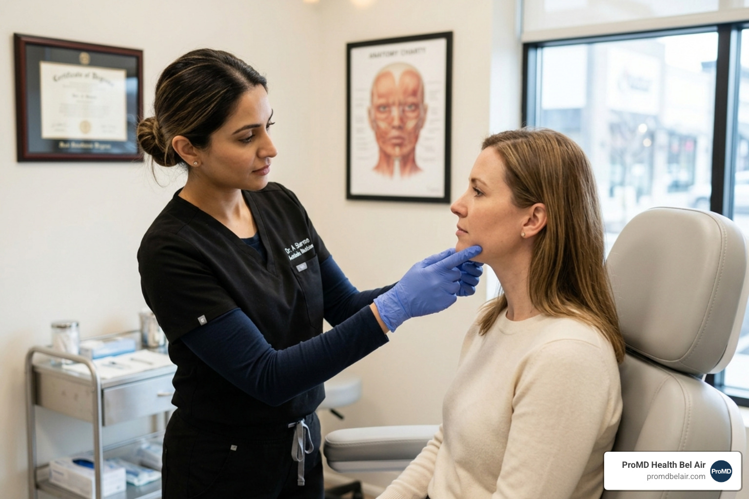 Consultation at ProMD Health Bel Air showing an injector assessing a patient's chin profile - Kybella vs CoolSculpting chin Consultation at ProMD Health Bel Air showing an injector assessing a patient's chin profile - Kybella vs CoolSculpting chin