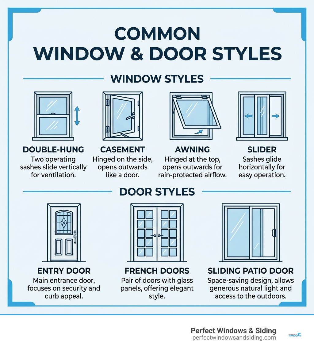 infographic showing common window and door styles - door & window installation infographic 
