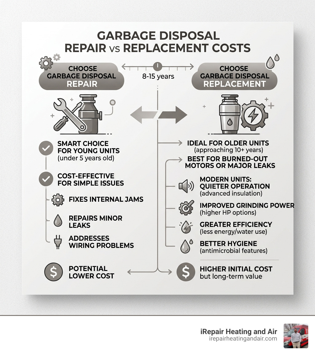 infographic comparing garbage disposal repair costs vs replacement costs - garbage disposal repair salt lake city
