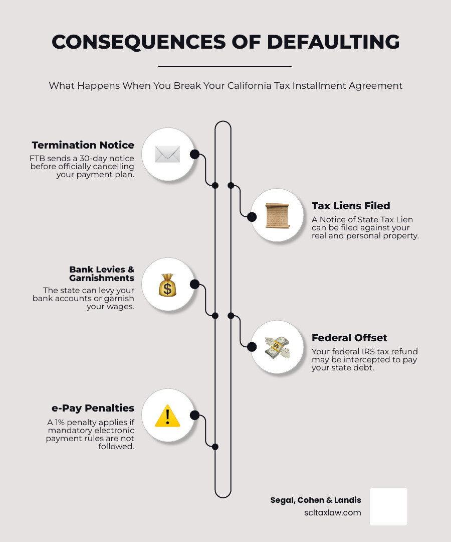Infographic showing the consequences of defaulting on a California tax plan - california tax installment agreement