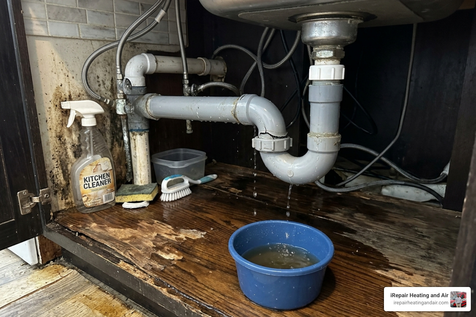 leaking pipe under a kitchen sink showing water damage - garbage disposal repair salt lake city