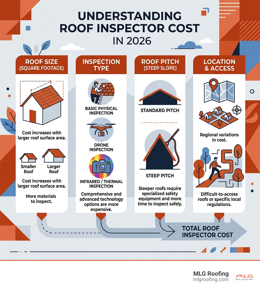 Infographic showing factors that determine roof inspector cost in 2026 including roof size, inspection type, pitch, and