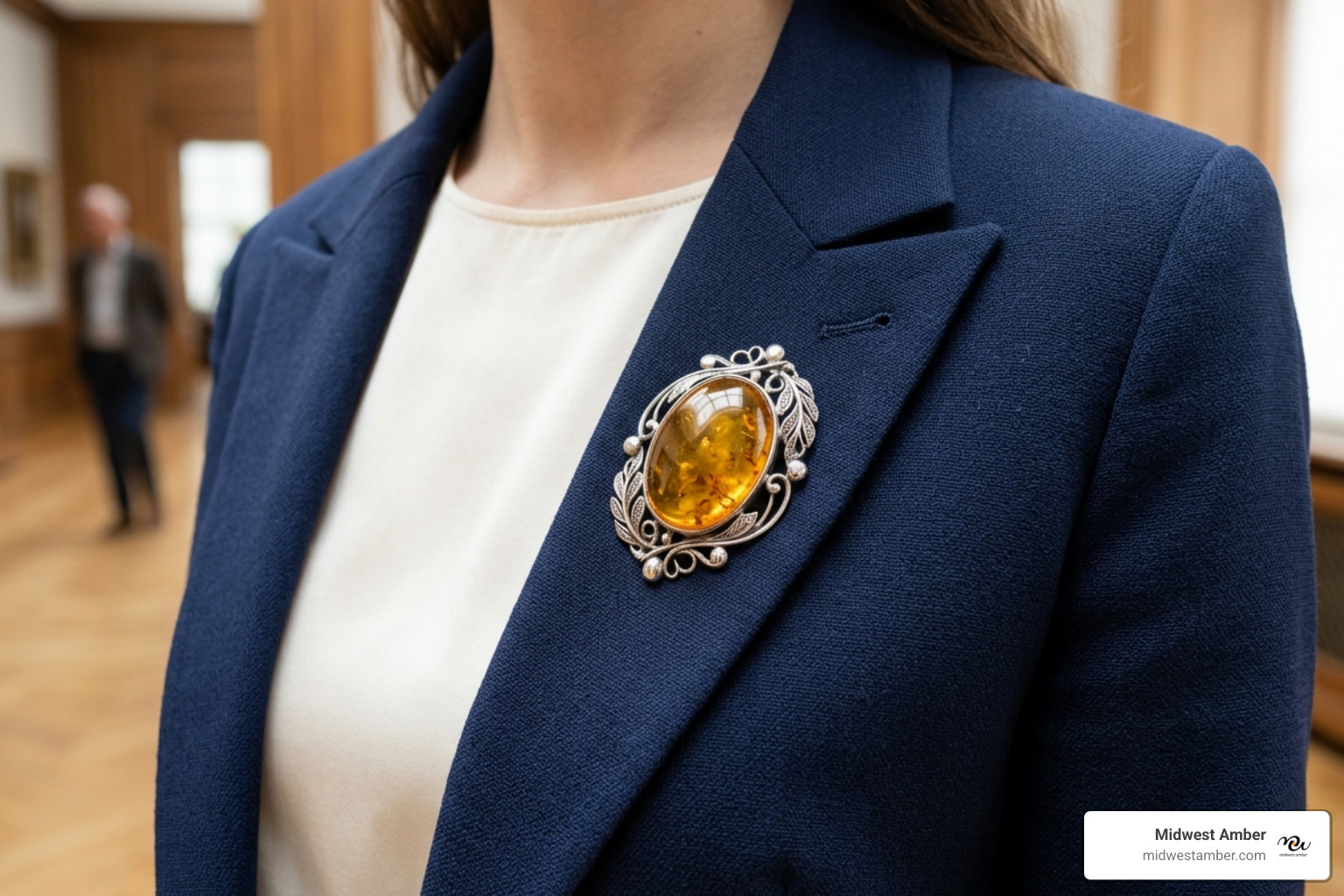 amber silver brooch on classic jacket lapel - amber silver brooch