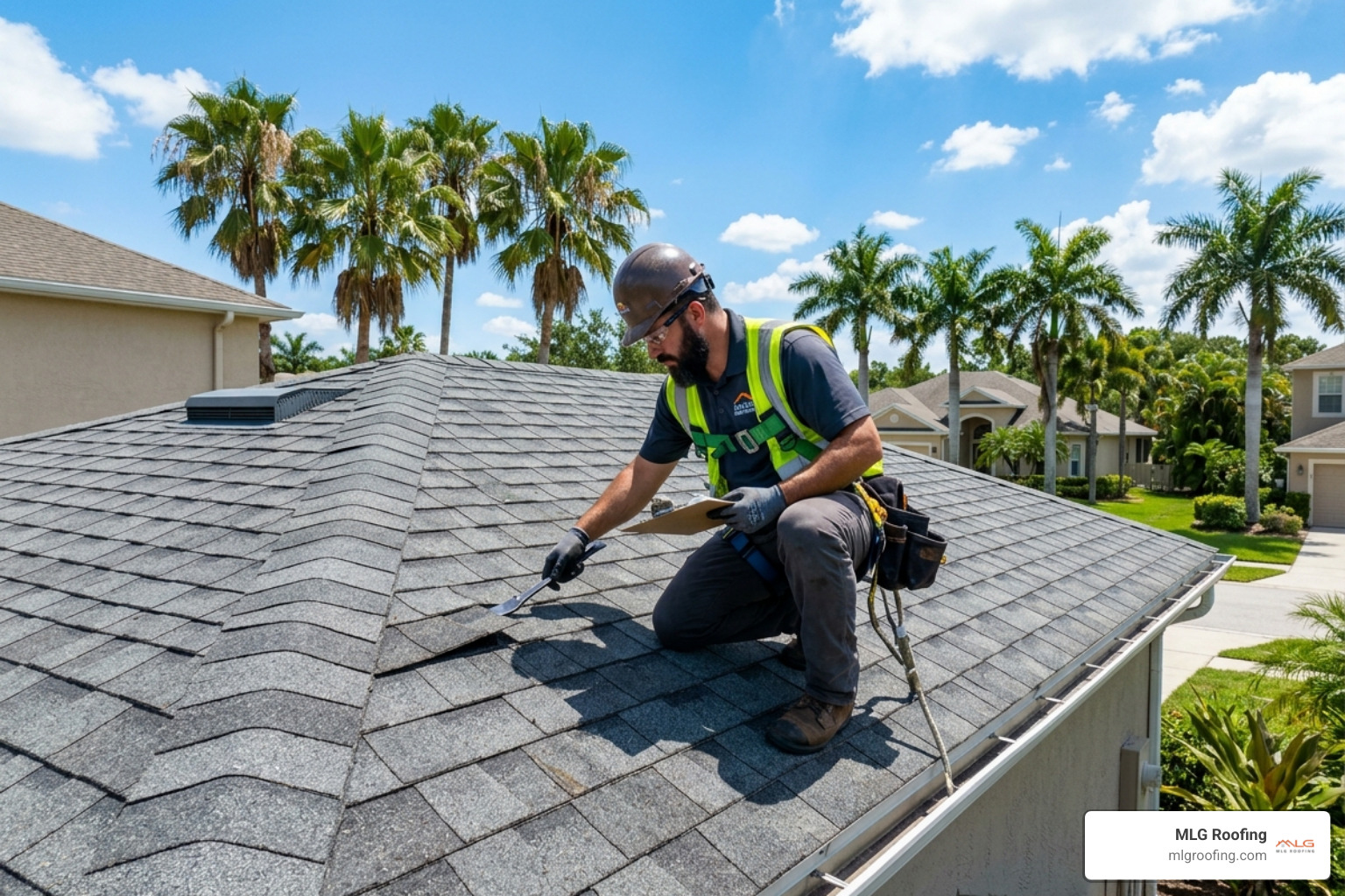 roofing contractor evaluating shingles in Palm Bay, FL - roof inspector cost