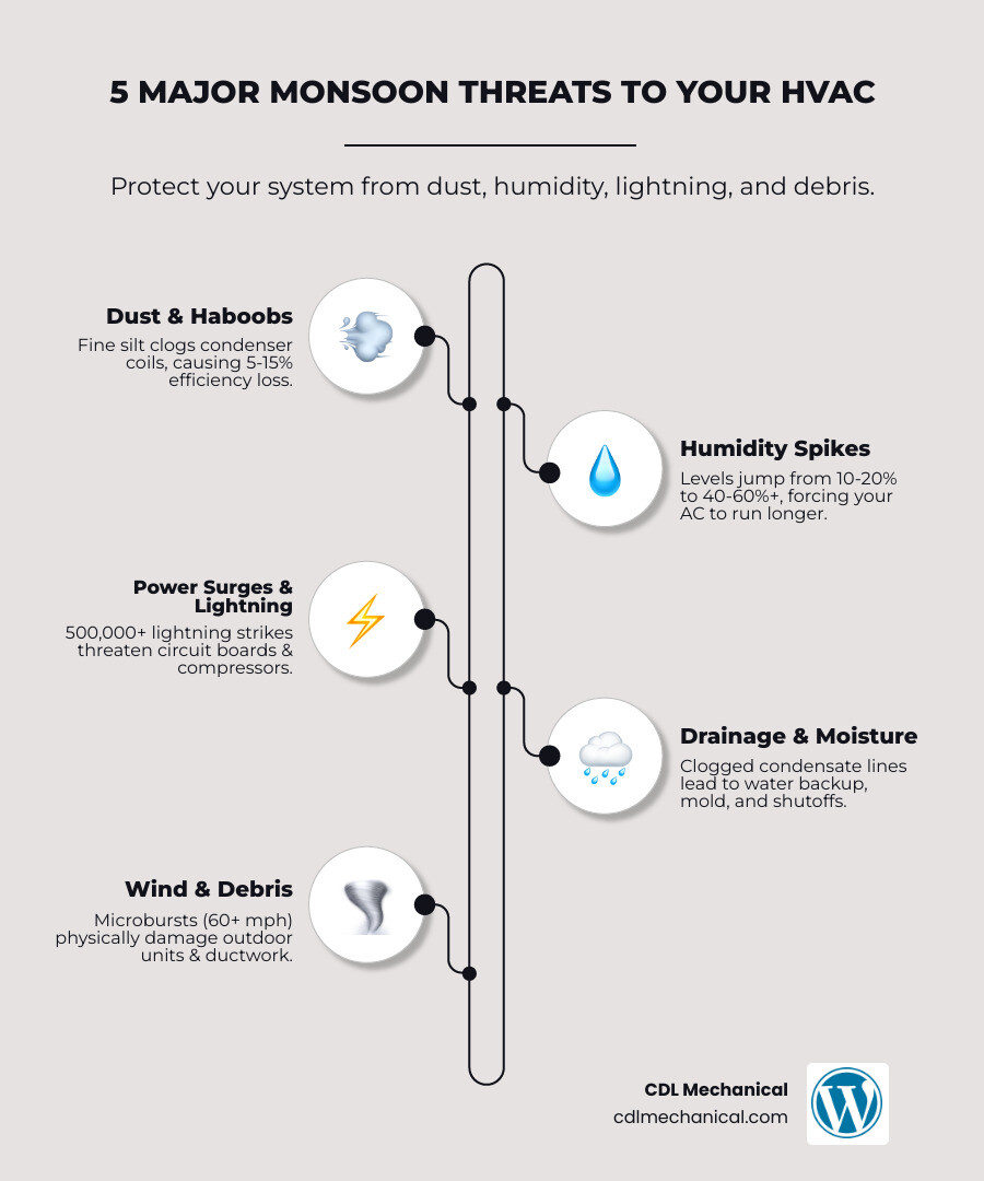 Infographic showing 5 major monsoon threats to HVAC systems with humidity stats and damage types - how arizona monsoon Infographic showing 5 major monsoon threats to HVAC systems with humidity stats and damage types - how arizona monsoon