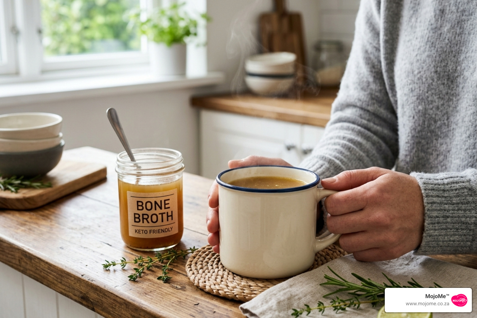Stirring MojoMe bone broth powder into a warm mug of water - bone broth for keto Stirring MojoMe bone broth powder into a warm mug of water - bone broth for keto