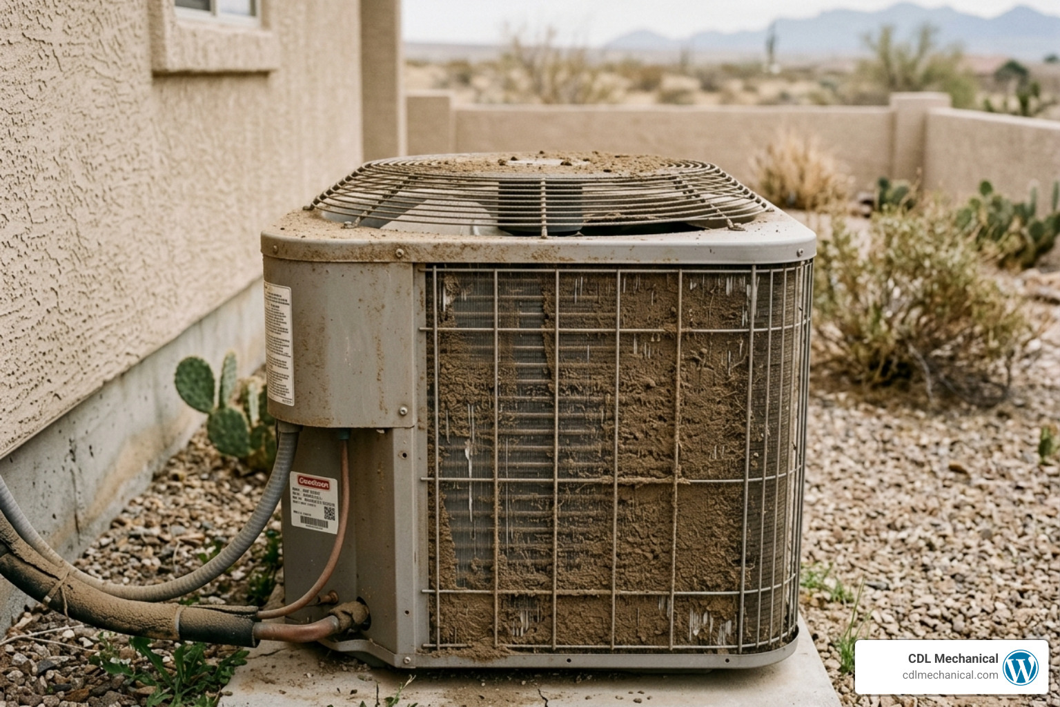 Dust-clogged outdoor condenser unit after a Glendale haboob - how arizona monsoon season affects your hvac system Dust-clogged outdoor condenser unit after a Glendale haboob - how arizona monsoon season affects your hvac system