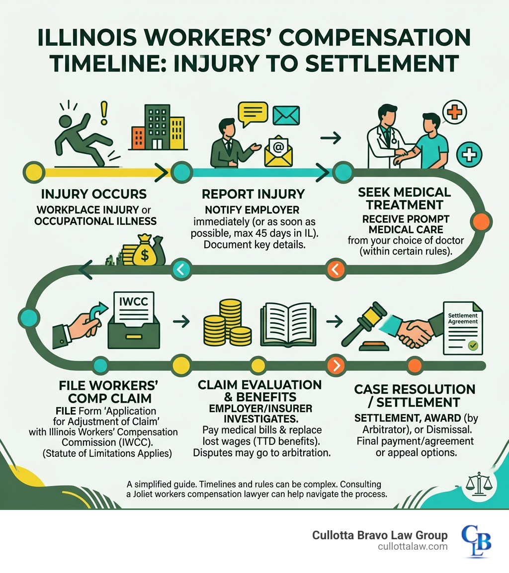 Illinois workers compensation timeline from injury report to settlement infographic - workers compensation lawyer joliet