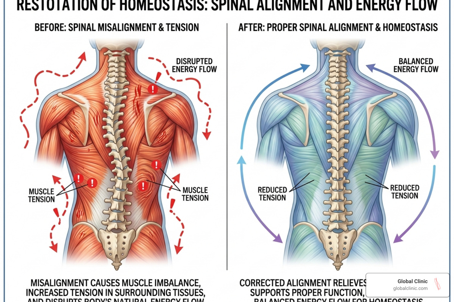 diagram showing spinal alignment and the restoration of homeostasis - integrative manual therapy