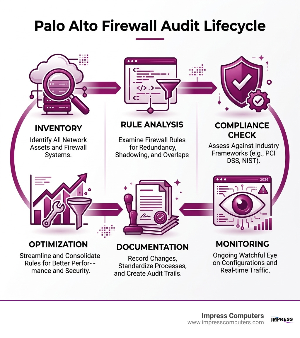 Palo Alto firewall audit lifecycle: inventory, rule analysis, compliance check, optimization, documentation, monitoring Palo Alto firewall audit lifecycle: inventory, rule analysis, compliance check, optimization, documentation, monitoring