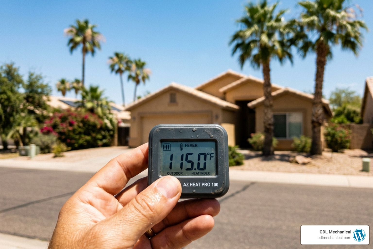 digital thermometer showing triple-digit Phoenix temperatures during a summer heatwave - heat pump benefits for arizona digital thermometer showing triple-digit Phoenix temperatures during a summer heatwave - heat pump benefits for arizona