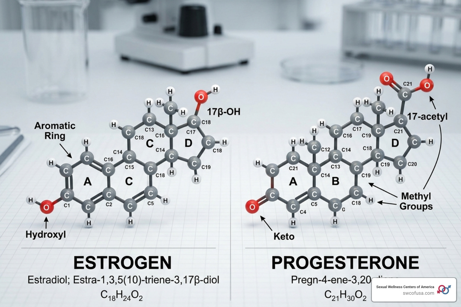 Molecular structure of estrogen and progesterone hormones - natural treatment for estrogen dominance Molecular structure of estrogen and progesterone hormones - natural treatment for estrogen dominance