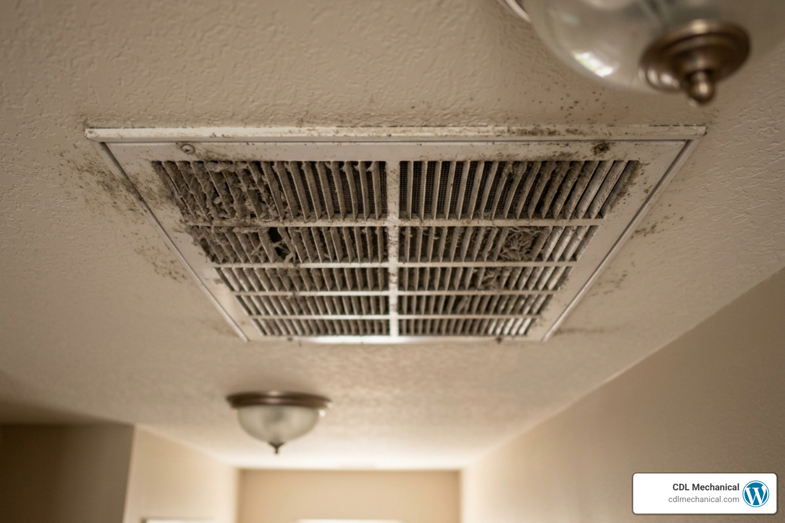 dusty air vent in a residential ceiling showing signs of poor filtration - ductwork problems signs and solutions for