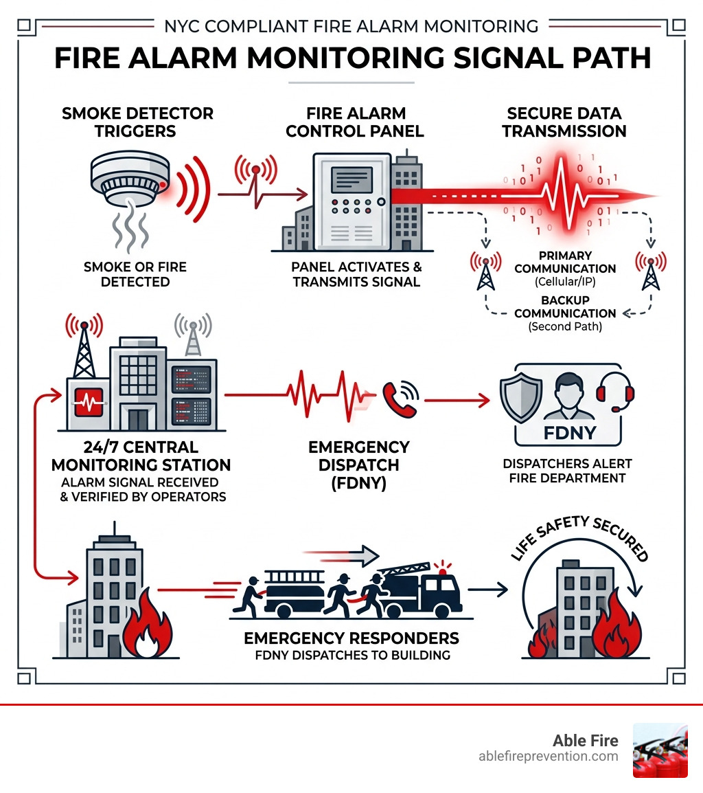 Signal path from building smoke detector to central monitoring station and emergency dispatchers infographic - Fire alarm Signal path from building smoke detector to central monitoring station and emergency dispatchers infographic - Fire alarm