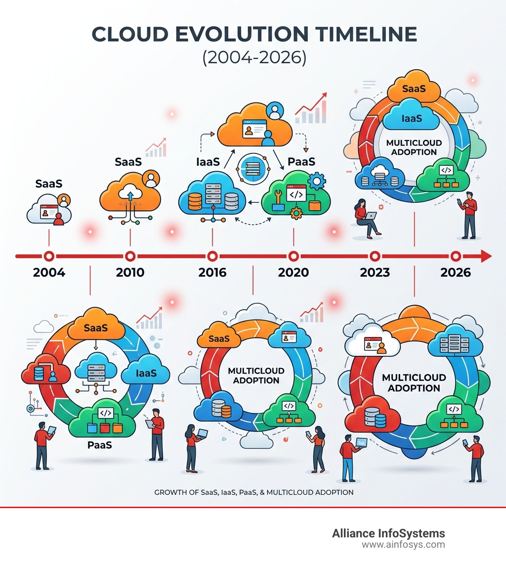 Cloud evolution timeline infographic from 2004 to 2026 showing growth of SaaS, IaaS, PaaS, and multicloud adoption - cloud Cloud evolution timeline infographic from 2004 to 2026 showing growth of SaaS, IaaS, PaaS, and multicloud adoption - cloud