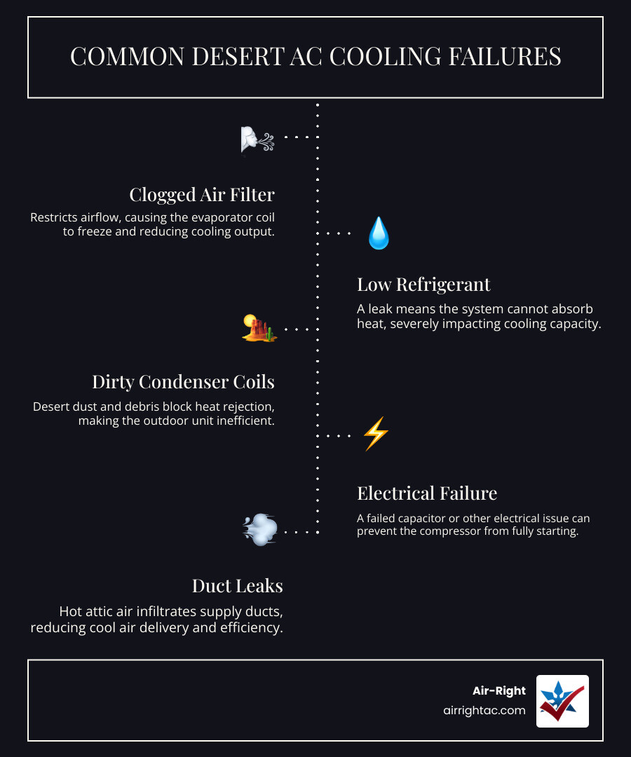 Infographic showing the desert AC cooling cycle and common failure points including dirty filters, low refrigerant, clogged