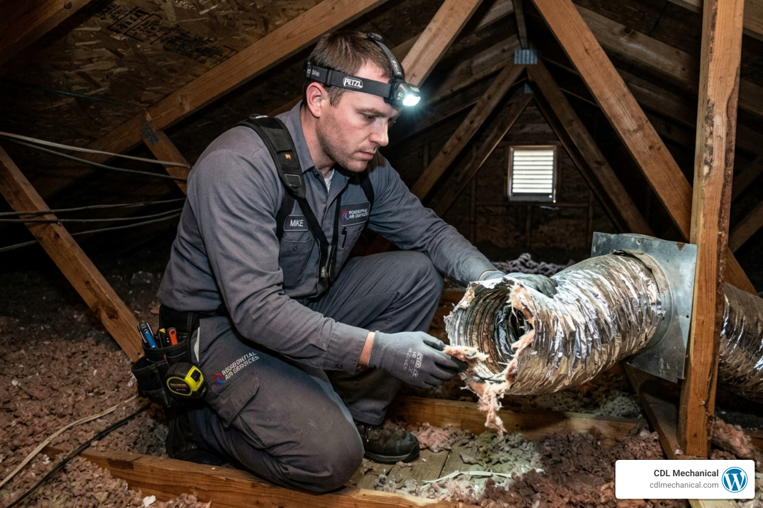 technician inspecting a disconnected flexible duct in a residential attic - ductwork problems signs and solutions for