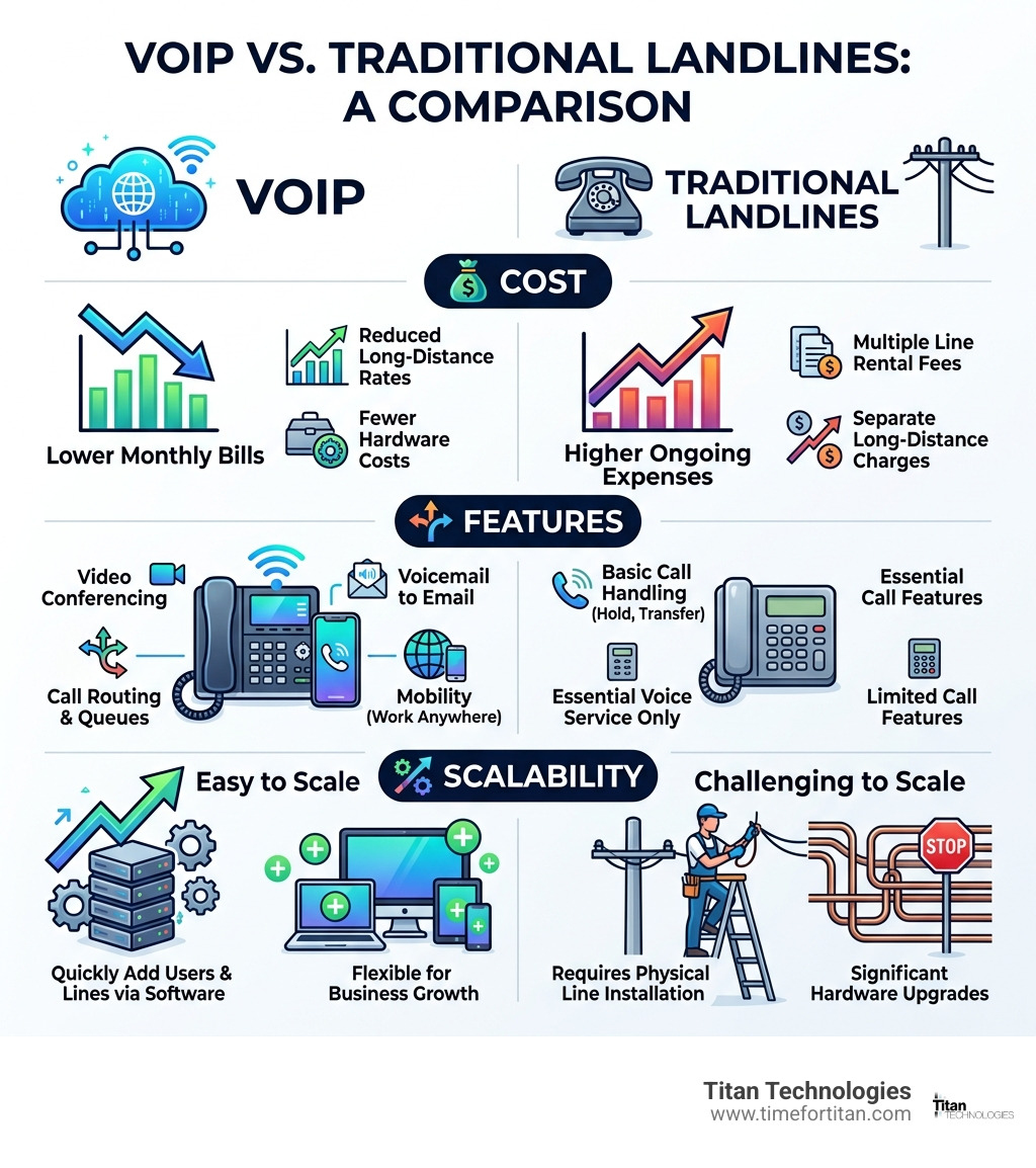 Infographic comparing VoIP vs. Traditional Landlines on cost, features, and scalability - VoIP Phone Service infographic Infographic comparing VoIP vs. Traditional Landlines on cost, features, and scalability - VoIP Phone Service infographic