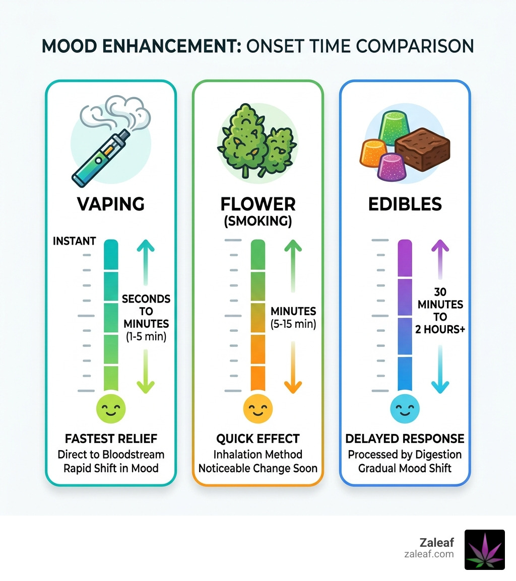 Infographic comparing onset time of vaping vs edibles vs flower for mood enhancement - mood enhancing vape carts infographic Infographic comparing onset time of vaping vs edibles vs flower for mood enhancement - mood enhancing vape carts infographic