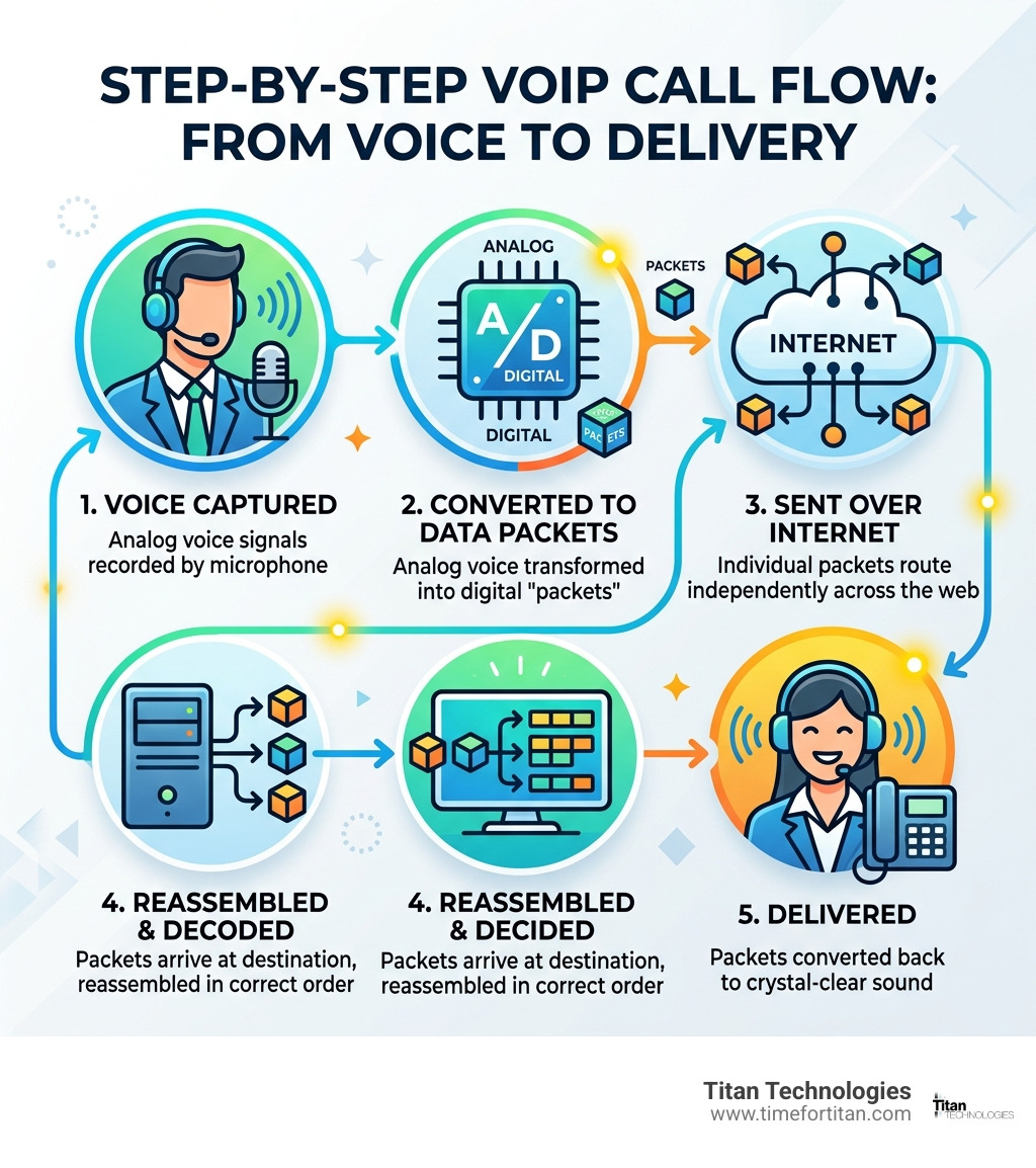 Step-by-step VoIP call flow infographic: voice captured, converted to data packets, sent over internet, reassembled Step-by-step VoIP call flow infographic: voice captured, converted to data packets, sent over internet, reassembled