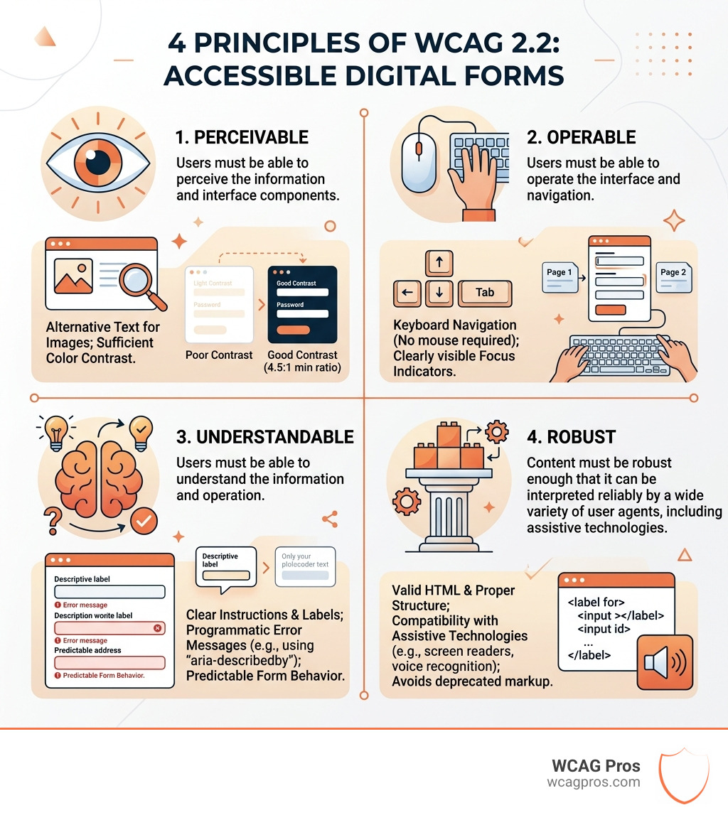 Infographic explaining the four principles of WCAG 2.2: Perceivable, Operable, Understandable, and Robust - ada form Infographic explaining the four principles of WCAG 2.2: Perceivable, Operable, Understandable, and Robust - ada form