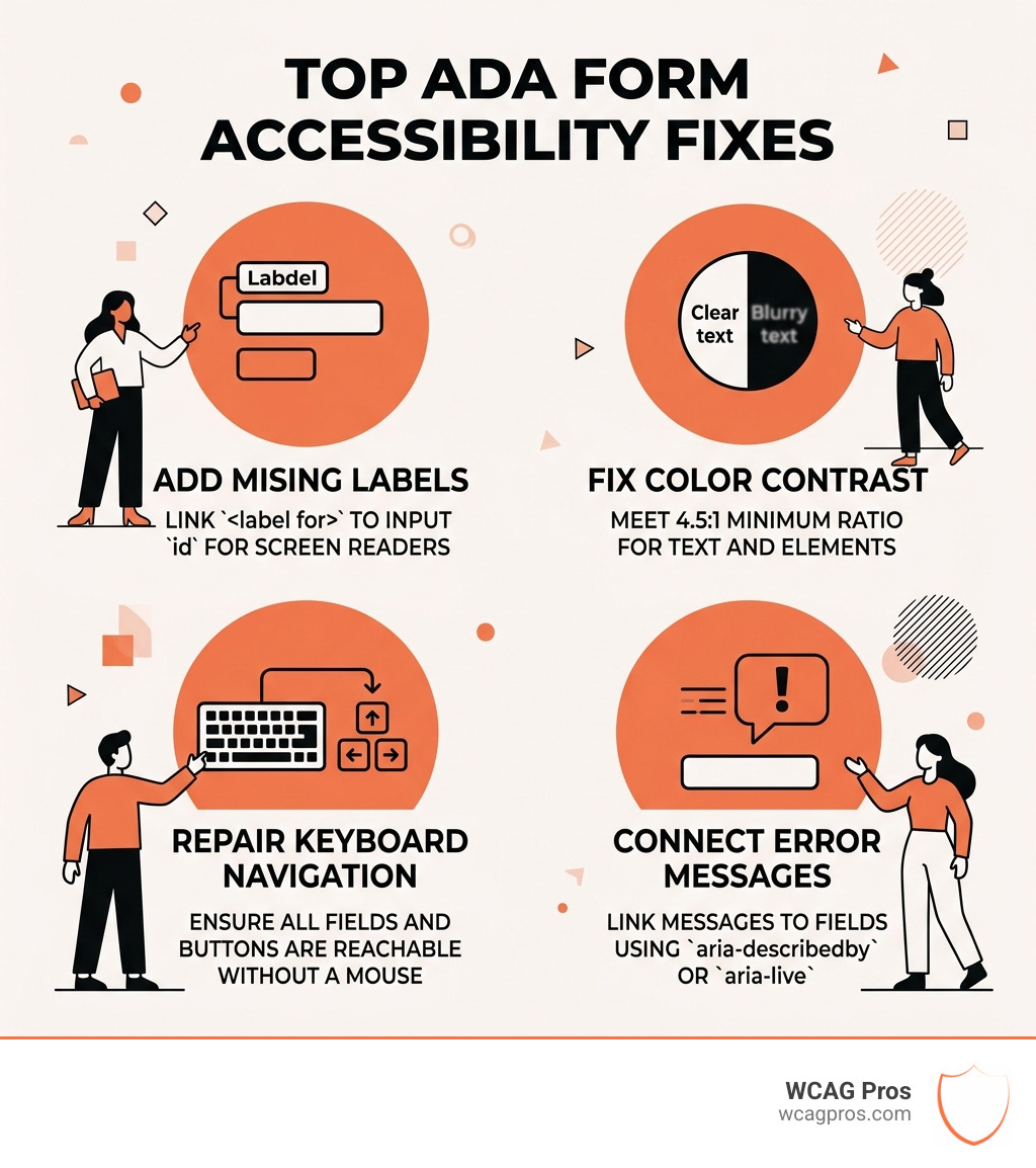 Infographic showing the top ADA form accessibility fixes including labels, contrast, keyboard nav, and error messages - ada Infographic showing the top ADA form accessibility fixes including labels, contrast, keyboard nav, and error messages - ada