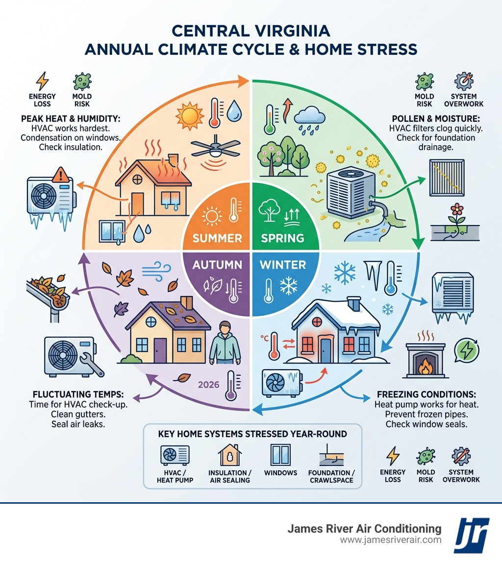 Central Virginia annual climate cycle and its stress on home infrastructure infographic - how central virginia climate Central Virginia annual climate cycle and its stress on home infrastructure infographic - how central virginia climate